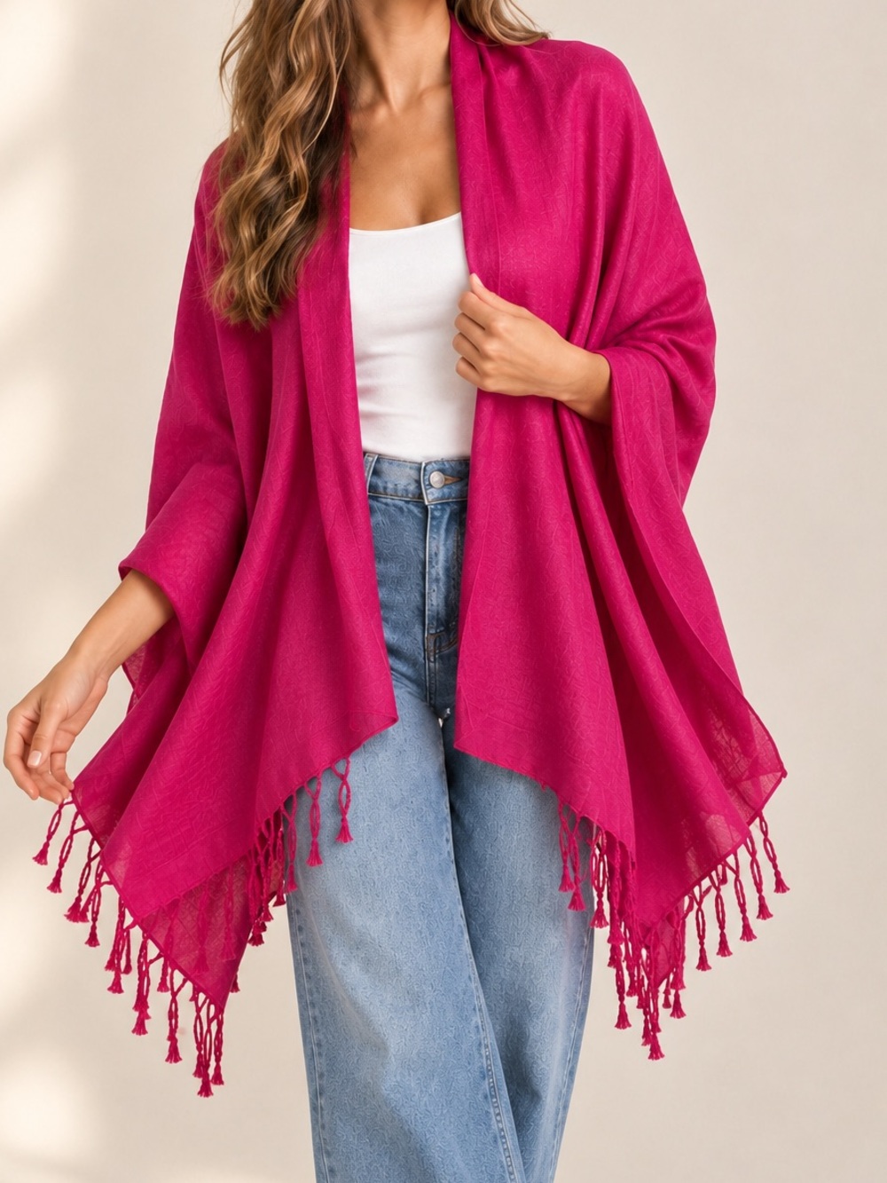 Pashmina Soft Fuchsia Fringe Wrap Scarf - Versatile Women's Shawl